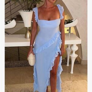 *NEVER WORN* Spaghetti Strap Slit Ruffled Bodycon Dress, Square Neckline